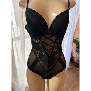 Curve Necessities Womens Black Lace Sheer Bodysuit Demi Bra Thong Back Large NEW